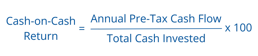 Cash-on-Cash Return formula in commercial real estate: annual pre-tax cash flow divided by total cash invested, multiplied by 100. Used to evaluate equity yield on property investments.