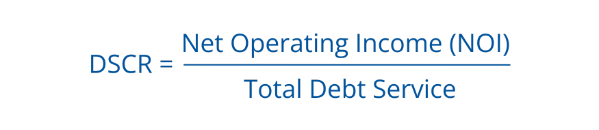 Debt Service Coverage Ratio (DSCR) formula in commercial real estate: Net Operating Income (NOI) divided by Total Debt Service. Used to assess a property's ability to cover loan payments.