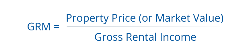 Gross Rent Multiplier (GRM) formula for commercial real estate: Property Price or Market Value divided by Gross Rental Income. A fast metric to compare property value relative to rental income.