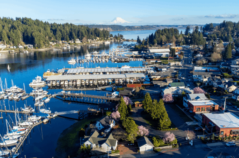 Aerial view of Gig Harbor marina with boats and waterfront property, highlighting coastal real estate investment opportunity