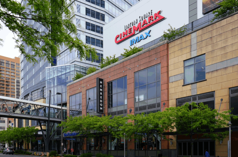 Lincoln Square retail and entertainment complex in downtown Bellevue featuring Cinemark IMAX, Henredon store, and mixed-use development